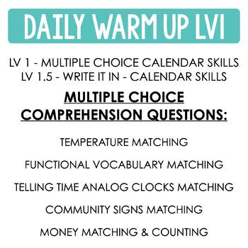 Life Skills Daily Warm Up Worksheets FREEBIE TPT