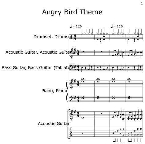 Angry Bird Theme Sheet Music For Acoustic Guitar Electric Bass Pick Piano