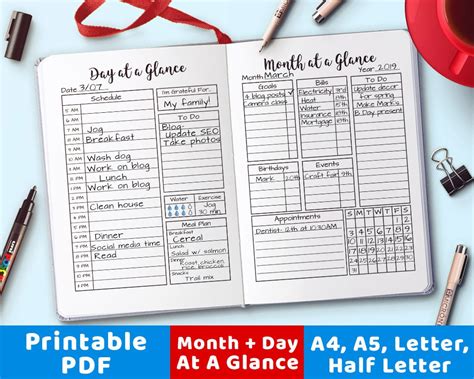 Month At A Glance Printable Day At A Glance Bullet Journal Etsy