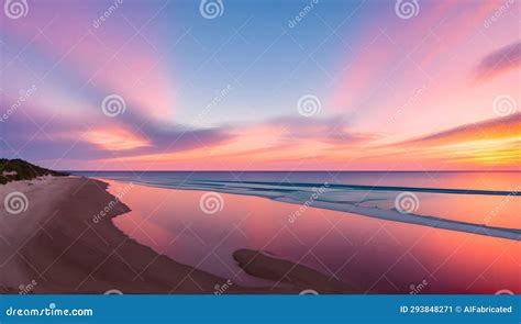 A Beach with a Sunset and a Pink Sky Stock Illustration - Illustration ...