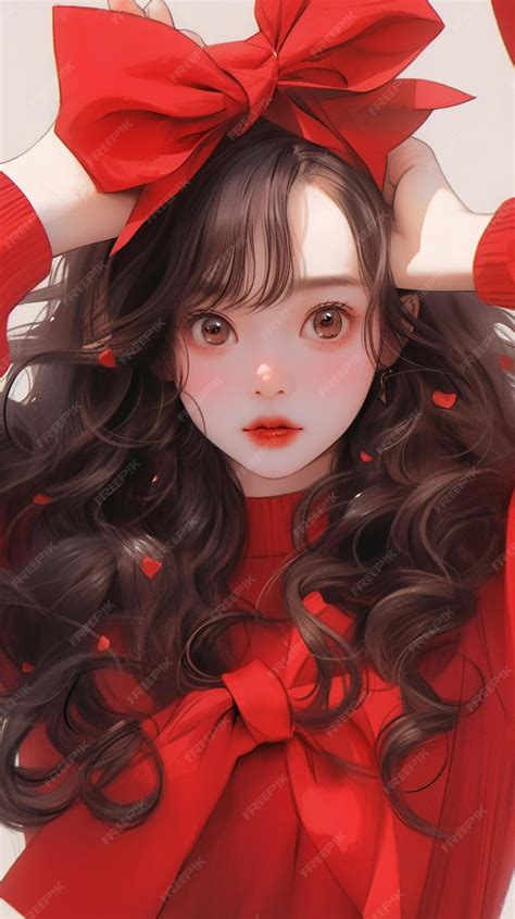 Premium Photo Anime Girl With Long Hair And Red Bow Wearing Red Dress Generative Ai