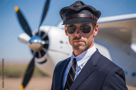 Stockillustratie Potrait Of Commercial Pilot Stands Confidently In