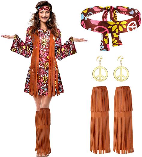 women hippie costume set peace sign earring necklace headband dress