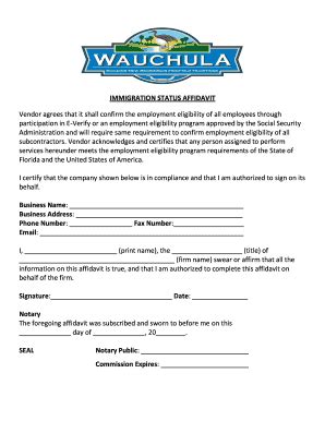 Fillable Online Immigration Status Affidavit City Of Wauchula Fax