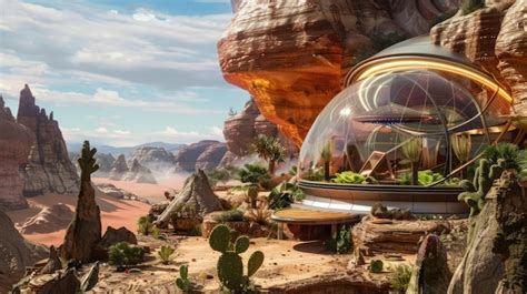 Premium Photo Futuristic Desert Scene With A Glass Dome