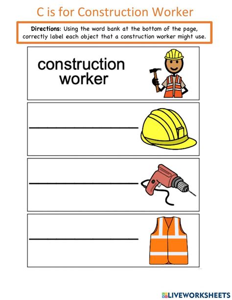 C Is For Construction Worker Worksheet Live Worksheets Worksheets