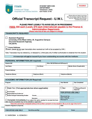 Fillable Online Tthti Edu SSD003 Official Transcript Request UWI