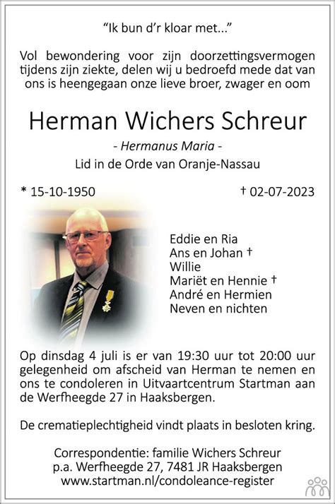 Herman Hermanus Maria Wichers Schreur 02 07 2023 Overlijdensbericht