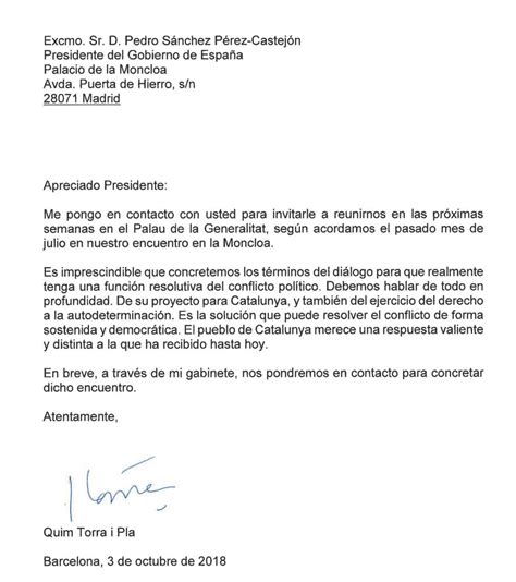 Torra Pide Una Cita A S Nchez En Una Carta En La Que Se Olvida De