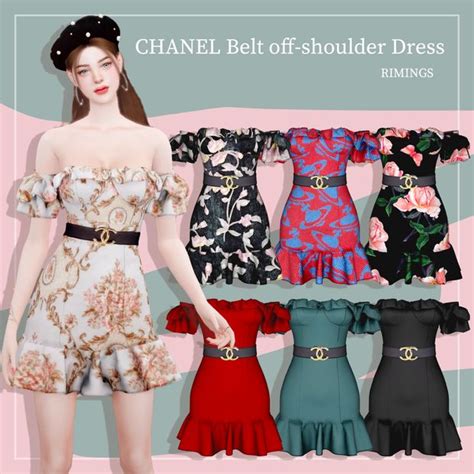 RIMINGS CHANEL Belt Off Shoulder Dress RIMINGS Sims 4 Mods