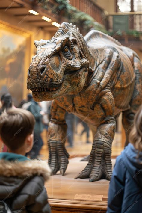 Premium Photo | Child observing dinosaur statue in museum