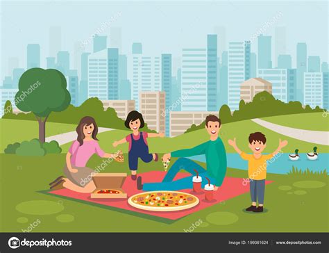 Dessin animé heureux famille manger pizza sur pique nique dans le parc