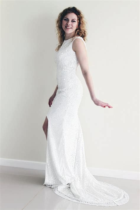 Sequin Wedding Dress White Sequin Dress High Low Hem Wedding Dress