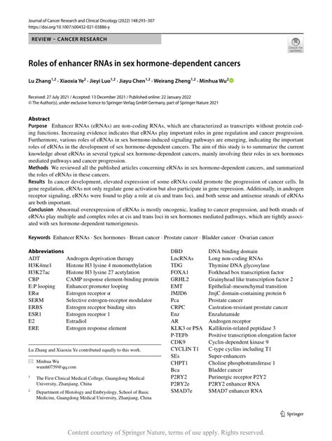 Roles Of Enhancer Rnas In Sex Hormone Dependent Cancers