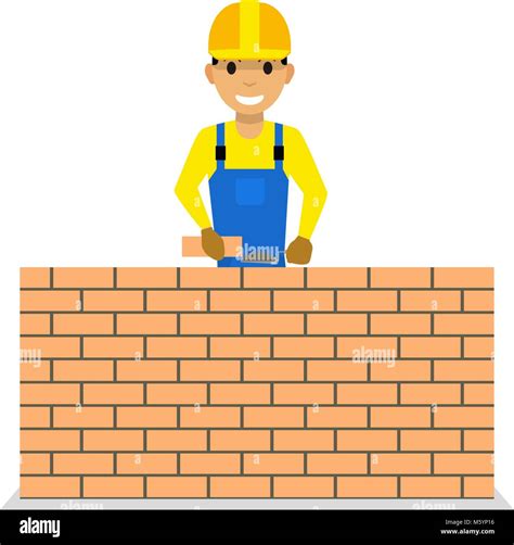 Vector cartoon bricklayer is building a brick wall Stock Vector Image ...