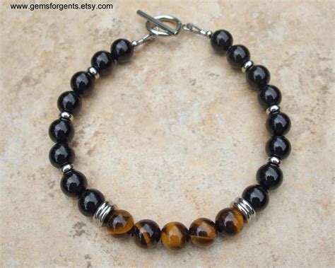 Golden Brown Tiger Eye And Black Onyx Mens Beaded Bracelet Etsy