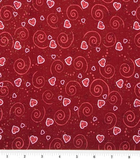 Valentines Day Print Glitter Fabric Red With Hearts And Scrolls Joann