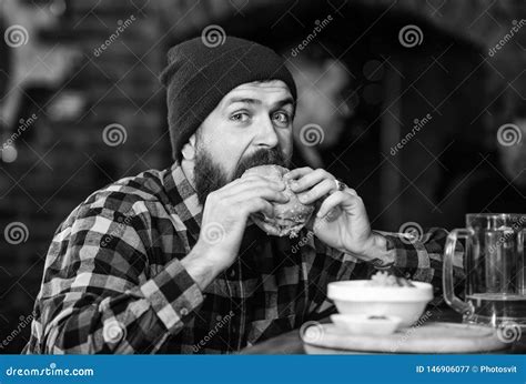 Brutal Hipster Bearded Man Sit At Bar Counter High Calorie Food Cheat