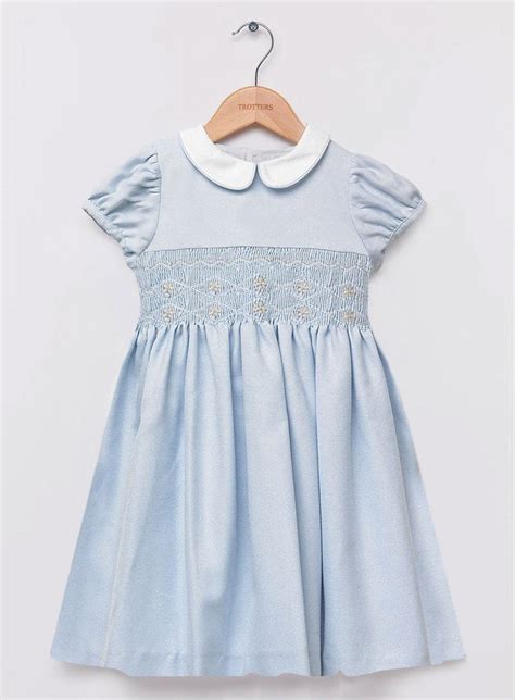 Girls Freya Smocked Dress In Pale Blue Trotters