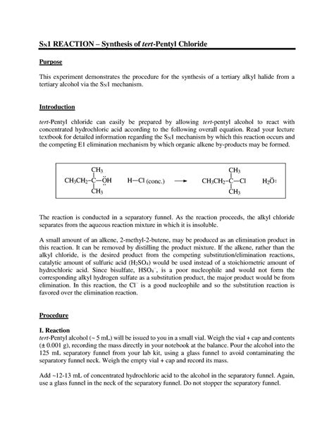 T Pentyl Chloride Protocol SN1 REACTION Synthesis Of Tert Pentyl