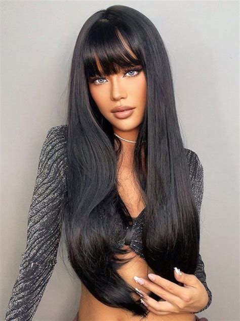 Long Natural Straight Full Bang Synthetic Wig Long Hair With Bangs Synthetic Wigs Hairstyles