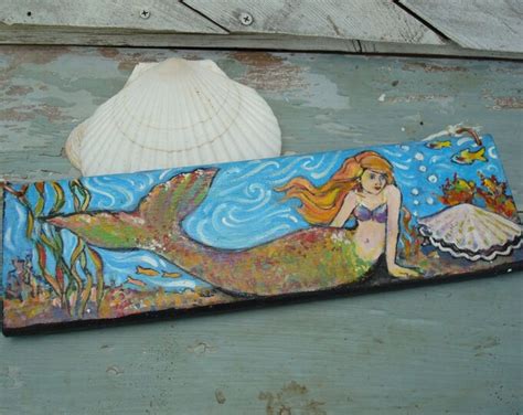 Primitive Mermaid Folk Art Painting Mermaid Under The Sea On Reclaimed