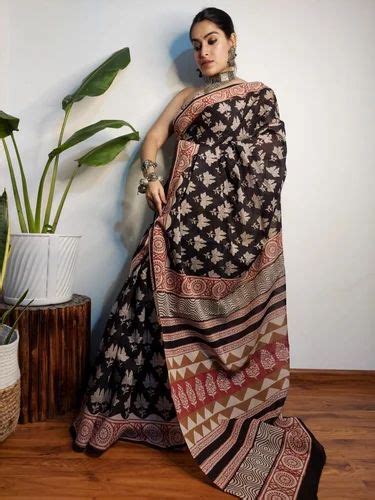 Mansi Printers Printed Hand Block Indigo Dabu Print Cotton Mulmul Saree