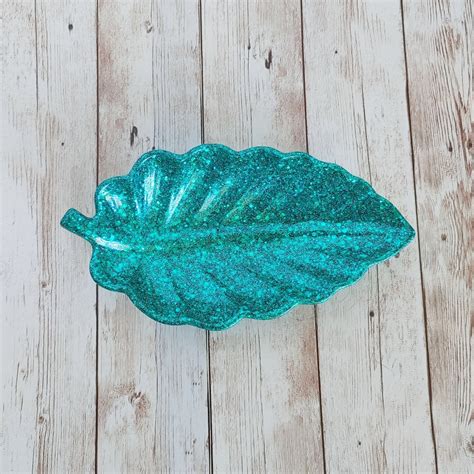 Teal Glitter Leaf Resin Trinket Tray Etsy