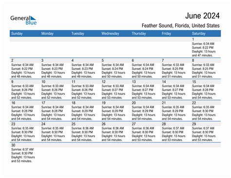 June 2024 Sunrise And Sunset Calendar For Feather Sound PDF Excel Word