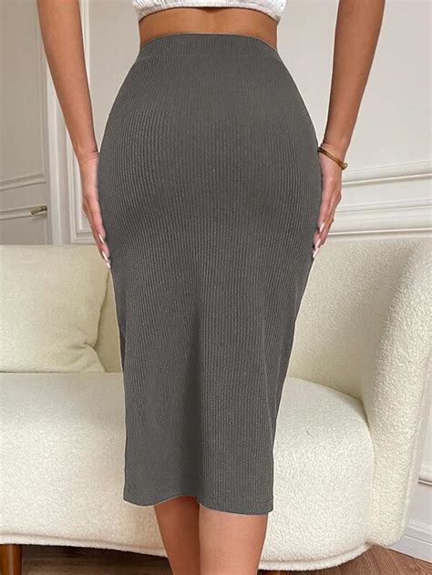 SHEIN Privé High Waist Solid Ribbed Knit Slit Skirt SHEIN USA