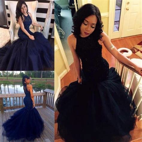 Sexy Black Mermaid Tulle Prom Dresses Floor Length Beaded Party Dresses