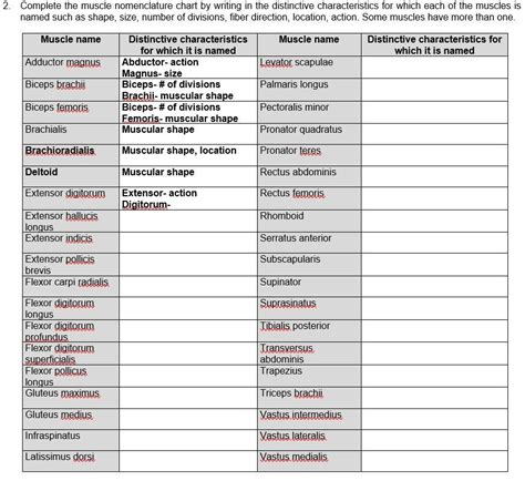 Solved Complete the muscle nomenclature chart by writing in | Chegg.com