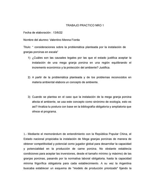 Trabajo Practico NRO 1 Derecho Ambiental TRABAJO PRACTICO NRO 1 Fecha