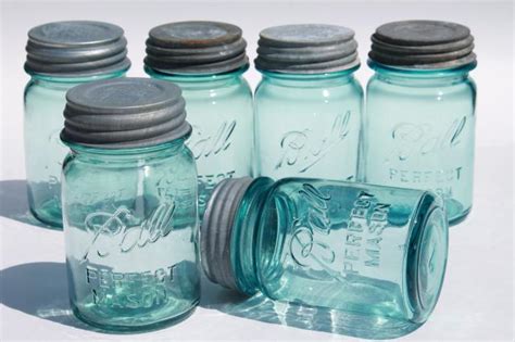 Vintage Ball Perfect Mason Aqua Blue Glass Pint Jars W Old Zinc Metal Lid