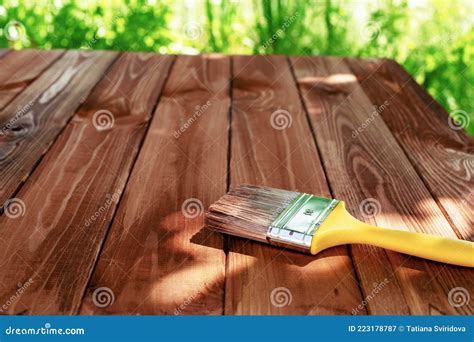 Wood Staining Brush Painting Wooden Patio Deck With Protective