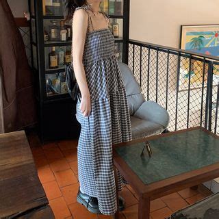 Shinsei Spaghetti Strap Plaid Midi A Line Dress Yesstyle