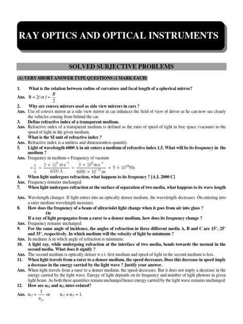 Chapter 9 Ray Optcis And Optical Instruments 1 Pdf Refractive