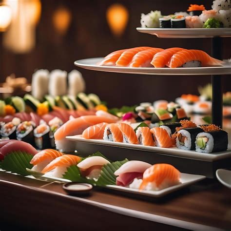 Premium Photo | A buffet with sushi and sushi on display