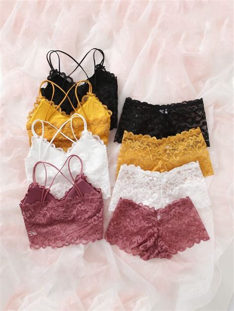 4pack Floral Lace Criss Cross Lingerie Set SHEIN UK