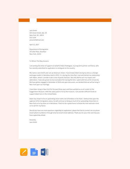 Free Sample Relationship Letter For Immigration Template Word Doc