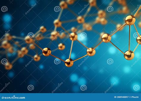 Moleculaire Keten Van Golden Moleculen Op Blauwe Achtergrond Stock