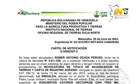 INTI Cartel de Notificación de Revocatoria a Romer Antonio Ochoa