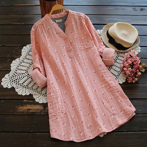 Vintage Shirt Long Tunic Tops Plus Size 2018 Autumn Women Tops Casual Printed Cotton Linen Long