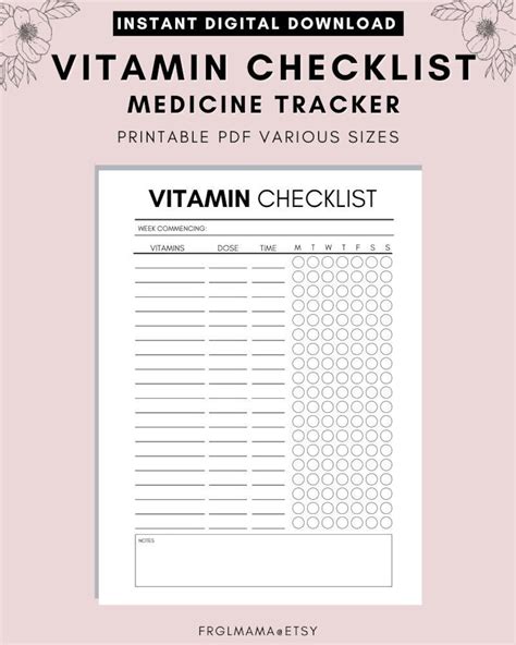 Daily Vitamin Checklist Vitamin Tracker Weekly Supplement Etsy