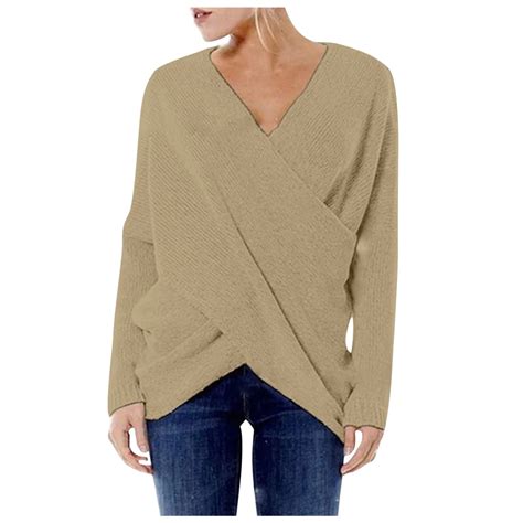 Women Long Sleeves Irregular Hem Cross Front V Neck Knit Tops T Short