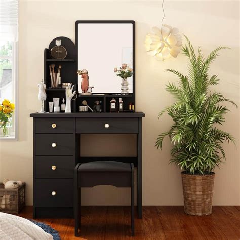 Fufuandgaga 5 Drawers Black Makeup Vanity Sets Wood Dressing Sets With Big Mirror Stool And 3