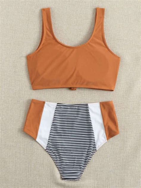 Striped Knot Hem High Waisted Bikini Swimsuit SHEIN USA