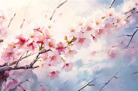 Premium Photo | Japanese Pink Cherry Blossom Tree Branch Painting