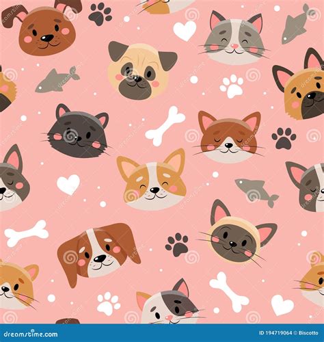 Cute Pets Pattern Different Cats And Dogs Stock Vector Illustration