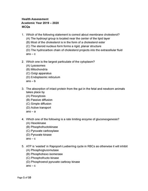 Health Assessment 50 MCQs 2018 2019 Health Assessment Academic Year